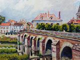 a painting of a bridge over a river with buildings in the background