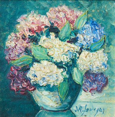 une peinture à l'huile représentant un vase de fleurs sur une table