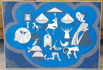 une image représentant des personnes et des animaux sur fond bleu