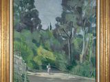 an oil painting of a person walking down a road with trees in the background