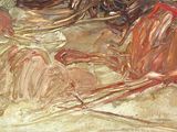 a painting of a horse laying down on the ground