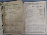 an old document is open on a table with a blue background