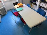 tables and chairs in a room with a radiator and a heater