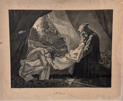un vieux dessin en noir et blanc représentant une femme allongée sur la poitrine d'un homme