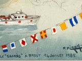 a drawing of a boat in the water with flags on it