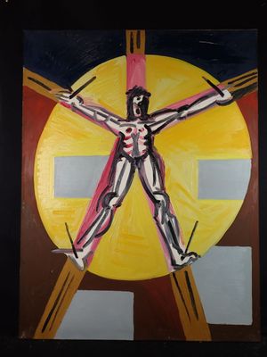a painting of a man with a cross on it