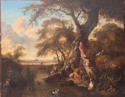 tableau représentant une scène fluviale avec des canards et d'autres animaux dans un cadre boisé