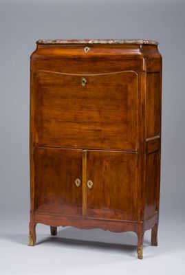 an old wooden cabinet with a marble top and two drawers