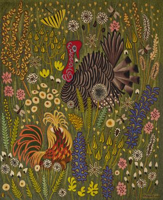 une image représentant un tableau où figurent un coq et un coq dans un champ de fleurs
