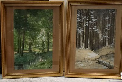two paintings of trees and a stream in a wooded area