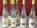 six bouteilles de vin sont alignées sur un plan de travail