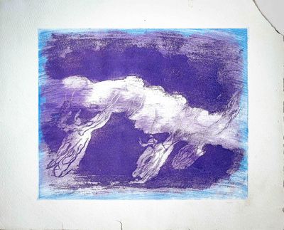 dessin violet et blanc représentant un chien sur un fond violet
