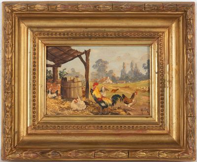 une peinture à l'huile représentant des poulets dans un décor de ferme