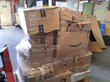 boxes stacked on top of each other on a pallet in a warehouse