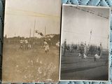 two old black and white photos of people playing baseball on a field