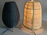 two lamps sitting next to each other on a table