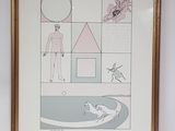 painting of a man and a dog in a bathroom with a mirror
