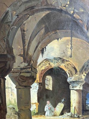 un tableau représentant un bâtiment avec des personnes à l'intérieur