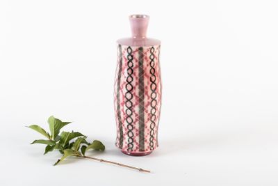 un vase rose posé à côté d'une plante verte sur une surface blanche