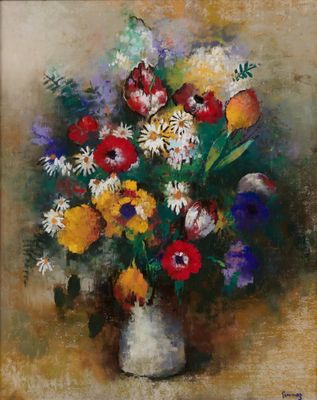 une peinture de fleurs dans un vase sur une table