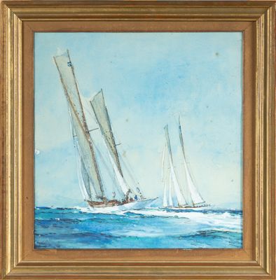 une peinture à l'huile représentant trois voiliers sur l'océan par une journée ensoleillée