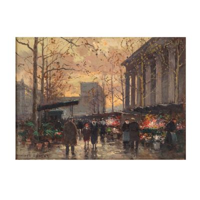une peinture à l'huile représentant une rue de la ville avec des passants qui s'y promènent