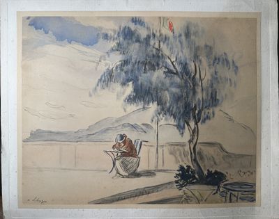 a drawing of a man sitting in a boat under a tree