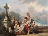 tableau représentant un groupe de personnes assises par terre près d'une croix