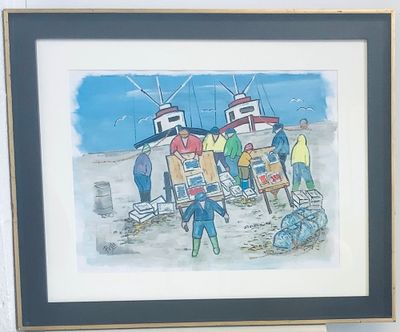 une photo d'un tableau représentant un groupe de personnes sur la plage