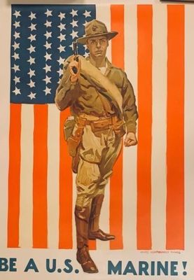 poster of a soldier holding a rifle in front of an american flag