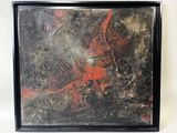 an oil painting of a red bird on a black and white background