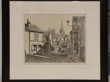 drawing of a street in a village with a church in the background