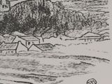 drawing of a church on a hill with a soccer ball in the foreground