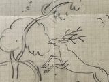 drawing of a deer and a bird on a piece of paper