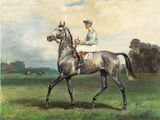 une peinture représentant un homme à cheval dans un champ