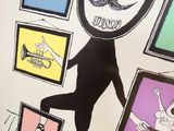 a drawing of a man that is standing in front of a bunch of pictures