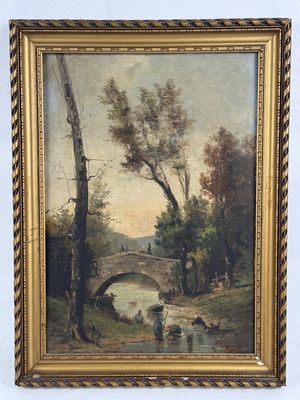 une peinture à l'huile représentant un pont enjambant une rivière dans un cadre boisé