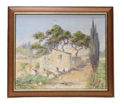 a painting of a farm scene with chickens and trees