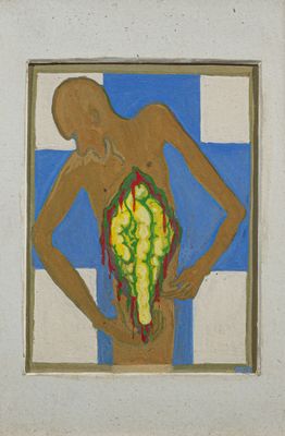 une photo d'un tableau représentant un homme tenant un bouquet de fleurs
