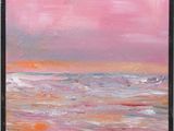 a painting of a pink sky over a body of water