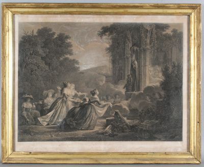 une image d'un tableau représentant un groupe de personnes dans un cadre boisé