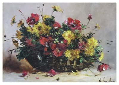 a painting of flowers in a vase on a table