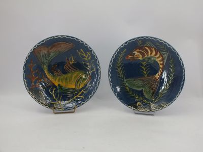deux assiettes sur lesquelles sont disposés du poisson et des légumes, posées sur un fond blanc