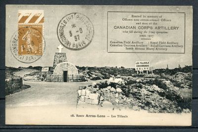 an old postcard with a picture of a road and a building