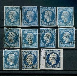six different blue and white stamps with portraits of people on them