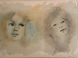 tableau représentant deux visages, celui d'une femme et celui d'un homme aux yeux bleus