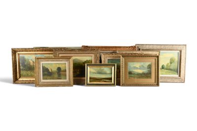 quatre tableaux encadrés représentant un paysage avec des arbres et une rivière