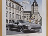 painting of a car parked in front of a building with a cartoon on it