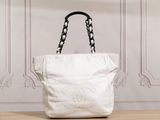 chanel white canvas tote bag with black chain handles