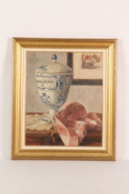 a painting of a vase and a piece of meat on a table